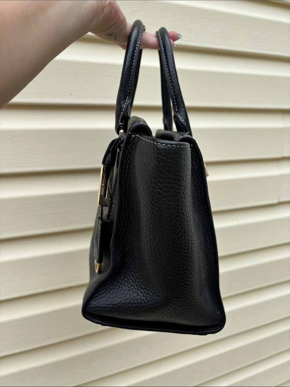 Michael Kors Black Pebbled Leather Top-Handle Satchel with Gold Hardware
